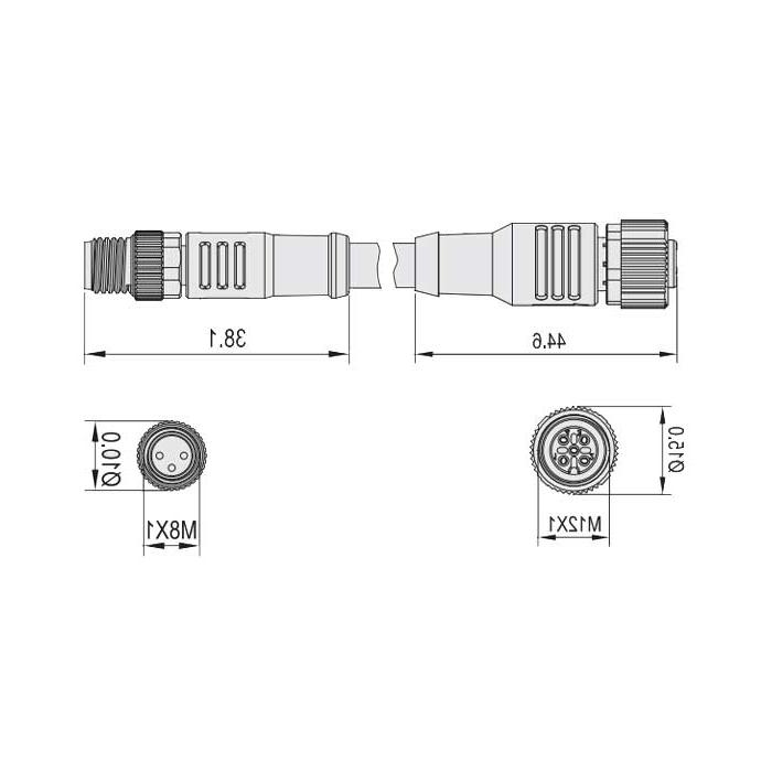 M12母头直型转M8公头直型、3Pin、双端预铸PVC非柔性电缆、灰色护套、64D003-XXX